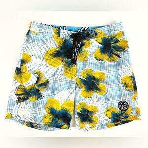 Maui and Sons Tropical Floral Yellow Black Blue Mens Hybrid Board Shorts Size 34